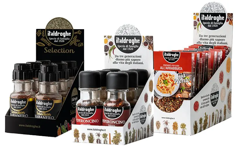 Espositori da banco Italdroghe: Selection, peperoncino e Già Pronto