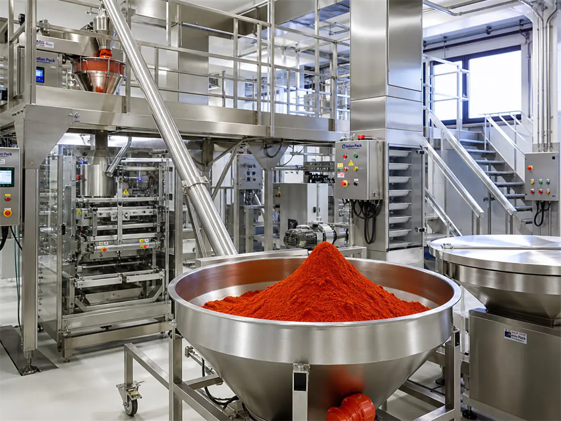 Linea di confezionamento con vasca di spezie in polvere